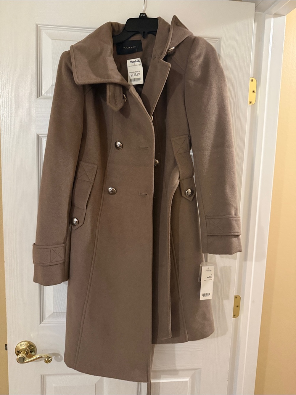 Tahari Taupe Double-Breasted Wool-Blend Pea Coat with Hood